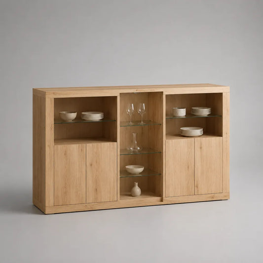 Credenza in MDF effetto rovere chiaro con ante e ripiani in vetro struttura rettangolare con vano centrale aperto 180 cm x 40 cm x 85 cm
