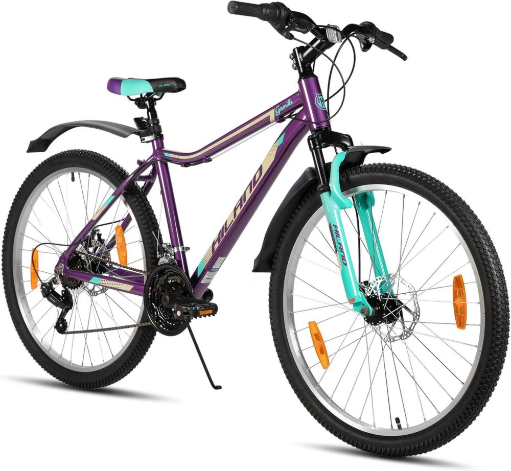 Bicicletta MTB Donna HILAND 26/27,5', Telaio Alluminio, 18 Marce, Freni a Disco, Sospensione Anteriore, Verde Menta/Viola