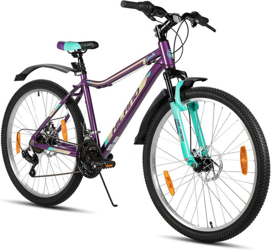Bicicletta MTB Donna HILAND 26/27,5', Telaio Alluminio, 18 Marce, Freni a Disco, Sospensione Anteriore, Verde Menta/Viola