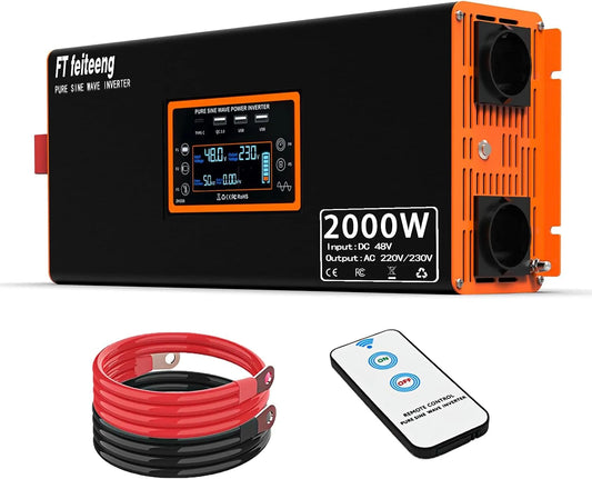 Inverter CC-CA e convertitore di tensione, 2000W, 48V, per campeggio e camper, onda sinusoidale pura, con USB-C, con display digitale