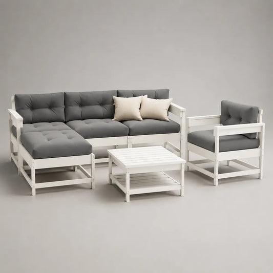 Divano da giardino modulare angolare 4 pezzi in legno massello verniciato bianco cuscini grigi tavolino con piano a doghe dimensioni 260x200x70 cm