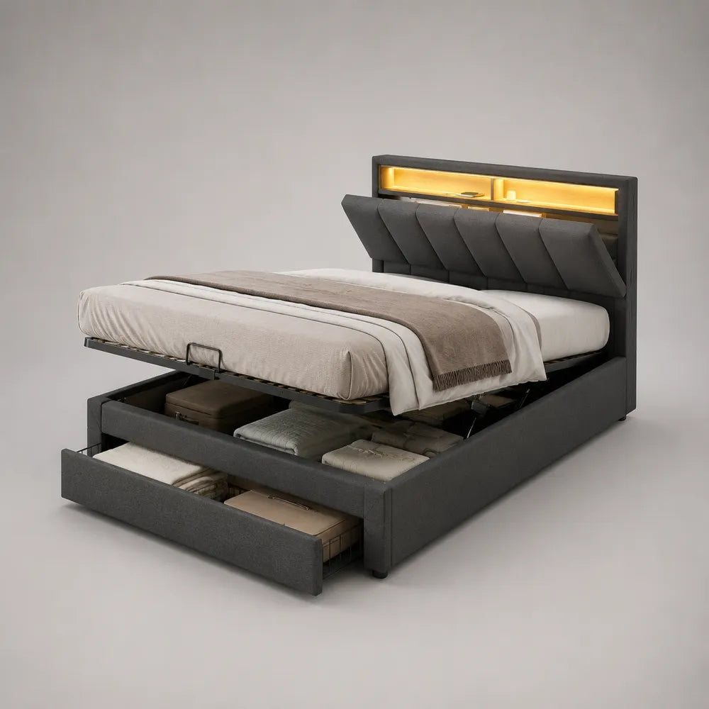 Letto matrimoniale contenitore 160 cm x 200 cm in tessuto poliestere grigio scuro con testiera LED, rete sollevabile e cassetti integrati struttura rettangolare