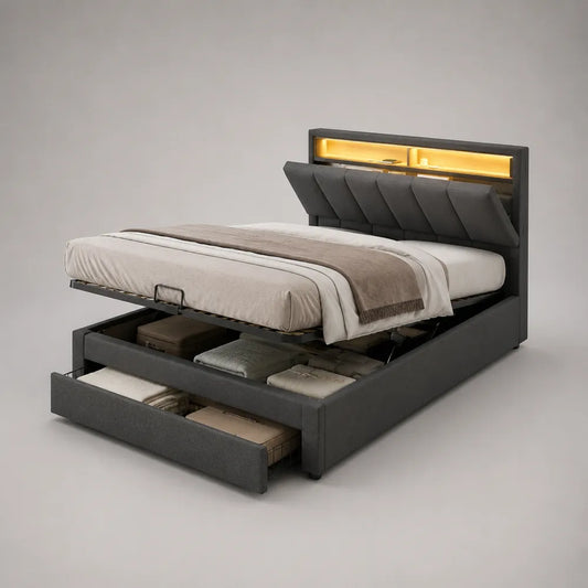 Letto matrimoniale contenitore 160 cm x 200 cm in tessuto poliestere grigio scuro con testiera LED, rete sollevabile e cassetti integrati struttura rettangolare
