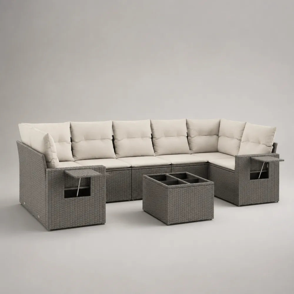Divano da giardino angolare modulare 5 pezzi in rattan sintetico PE grigio con tavolino contenitore piano in legno e cuscini beige dimensioni circa 260x200x75 cm