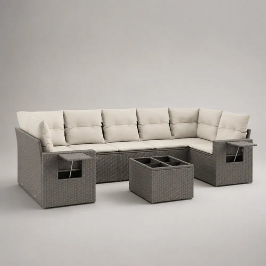 Divano da giardino angolare modulare 5 pezzi in rattan sintetico PE grigio con tavolino contenitore piano in legno e cuscini beige dimensioni circa 260x200x75 cm