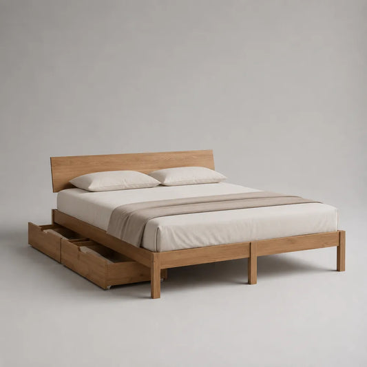 Letto matrimoniale 160x200 cm struttura in legno massello di pino e multistrato colore rovere naturale con cassetti laterali e testiera in legno
