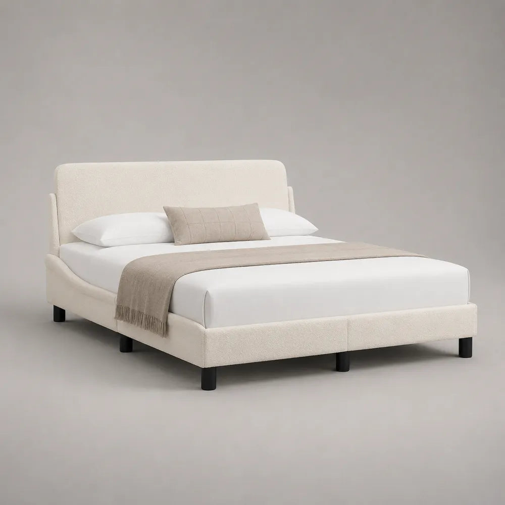 Letto matrimoniale 160x200 cm struttura imbottita in tessuto poliestere beige base piattaforma con gambe nere forma rettangolare