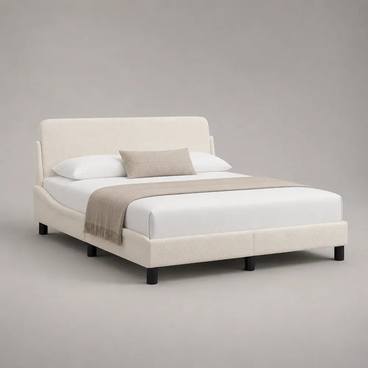 Letto matrimoniale 160x200 cm struttura imbottita in tessuto poliestere beige base piattaforma con gambe nere forma rettangolare