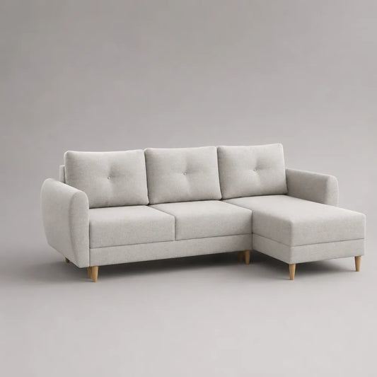 Divano angolare chaise longue 240 x 150 x 85 cm in tessuto poliestere beige con gambe in legno