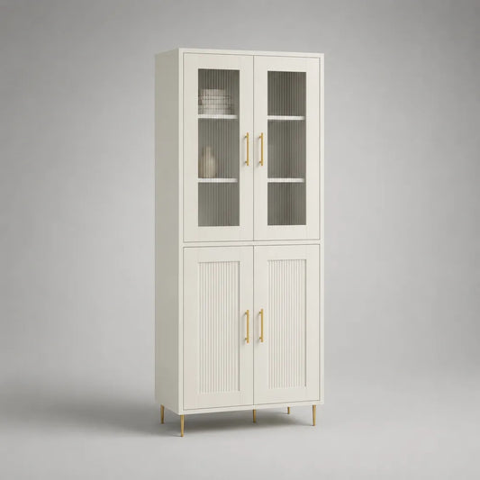 Credenza alta con ante in vetro e ante pannellate MDF laccato bianco struttura rettangolare 80 x 40 x 180 cm gambe in metallo dorato