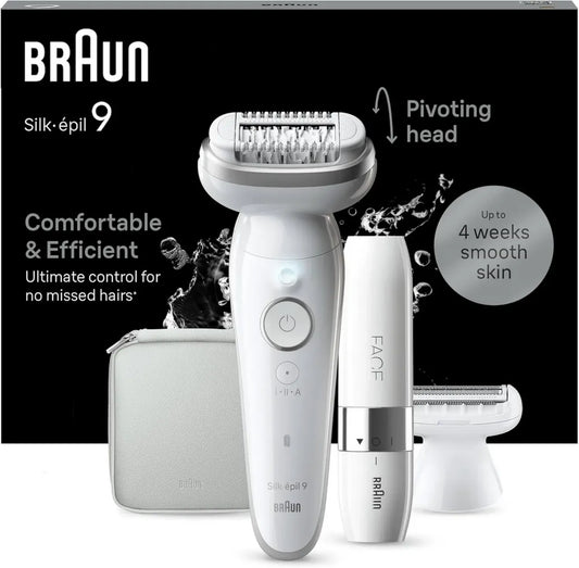 Braun Silk-épil 9 Epilatore Femminile con Testina Flessibile, Uso Wet & Dry, Rasoio e Cappuccio Rifinitore Inclusi