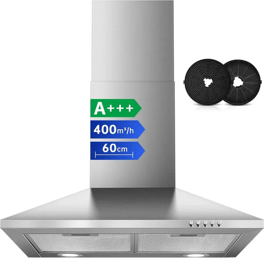 Cappa Aspirante da Cucina 60 cm, 400 m³/h, Efficienza A+++, Filtro a Carboni Attivi, 3 Velocità, Acciaio Inox