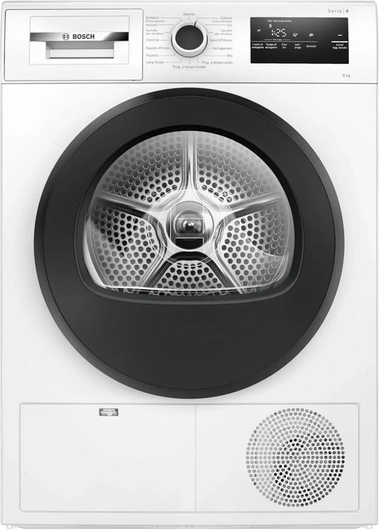 Bosch Serie 4 Asciugatrice 8 kg con Pompa di Calore, Sensori Smart, Classe E, Facile Pulizia, Bianco