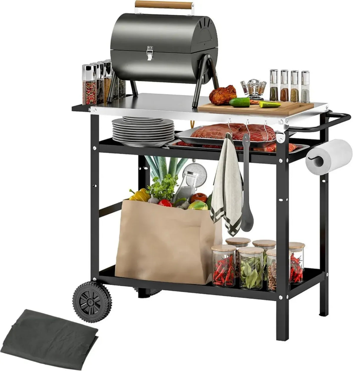 Carrello Barbecue da Esterno con Piano in Acciaio e Accessori, Nero