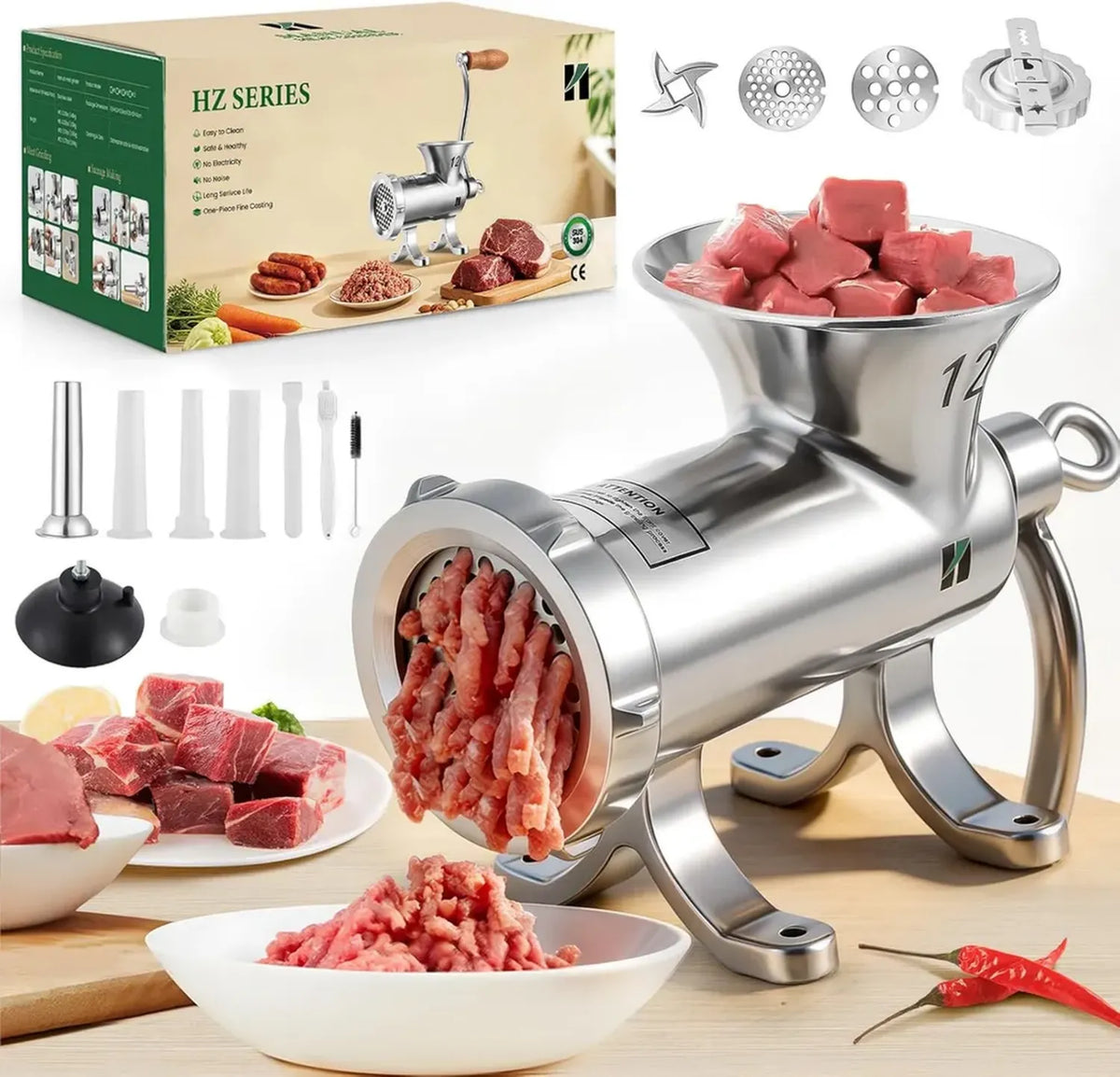 Tritacarne manuale in acciaio inox con insaccatrice e accessorio biscotti, lavabile in lavastoviglie