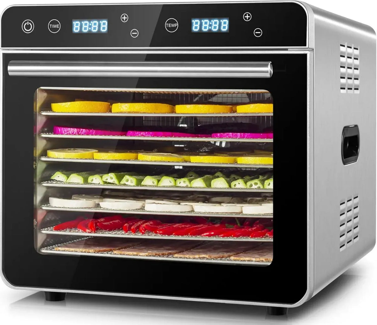 Essiccatore Alimentare in Acciaio Inox con 8 Vassoi, Display LED e Timer 24 Ore, Temperatura Variabile 35°C-85°C