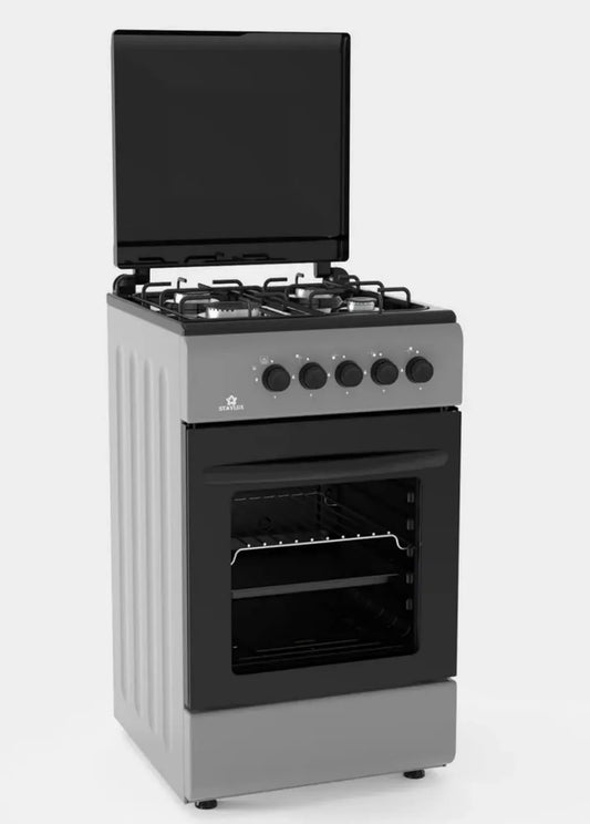 Cucina a Gas 4 Fuochi con Forno, 50x50 cm, Grigio/Nero con Coperchio