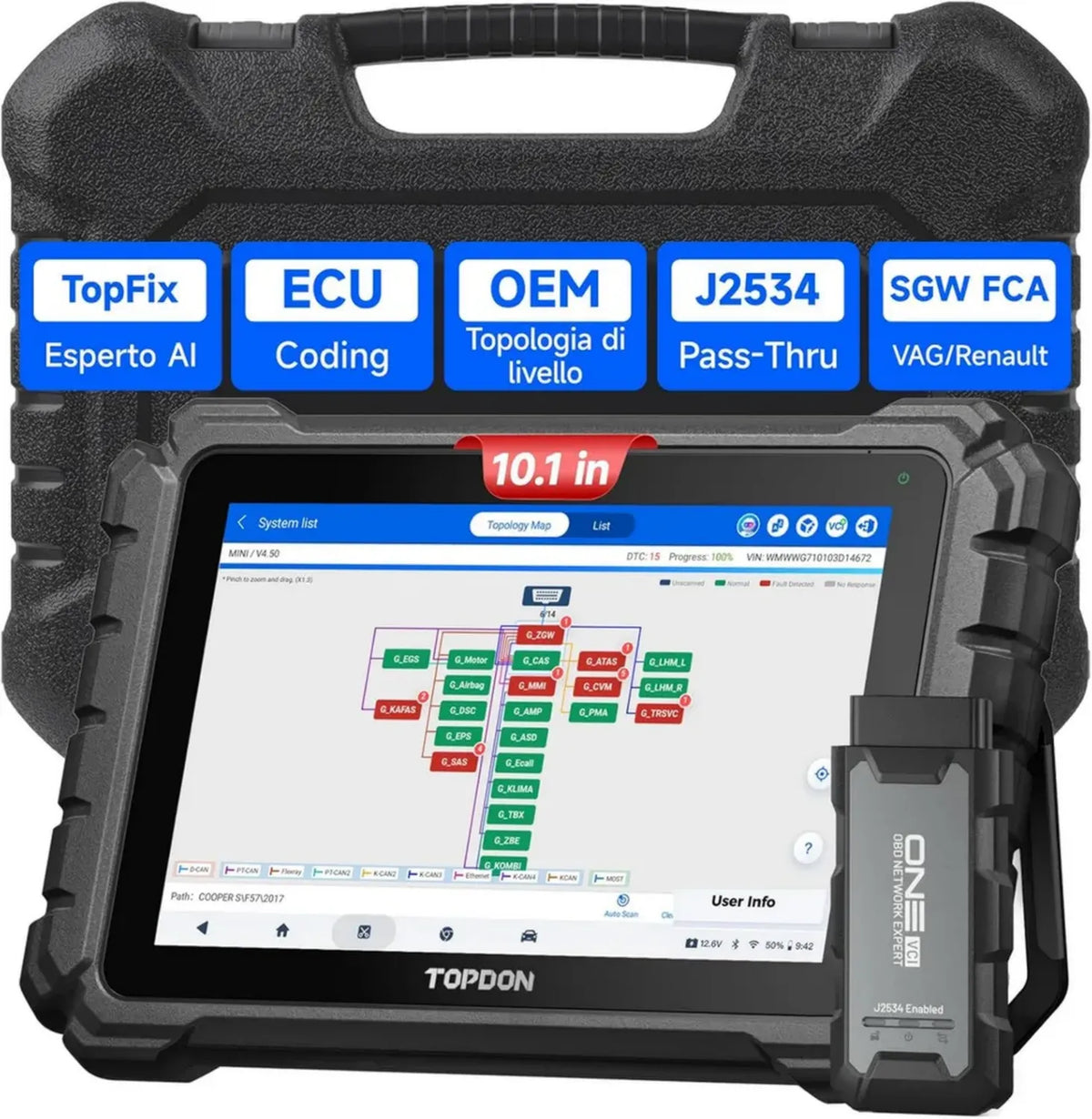 TOPDON ONE Strumento Diagnostico OBD2, ECU Codificazione & Controllo Bidirezionale, Mappatura Avanzata, J2534 Pass-Thru, 50+ Servizi, Compatibile CAN-FD & DoIP, Accesso FCA/Renault/VAG, Display 10,1 Pollici