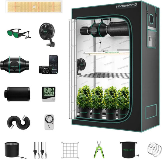 Kit Completo MARS HYDRO TSL2000 per Coltivazione Indoor - Lampada LED Dimmerabile, Growbox 120x60x180cm con Sistema di Ventilazione