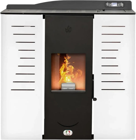 Stufa a Pellet Idro 20KW 5 Stelle - Riscaldamento Efficiente per Casa 130m², Autonomia 16 Ore, Bianco