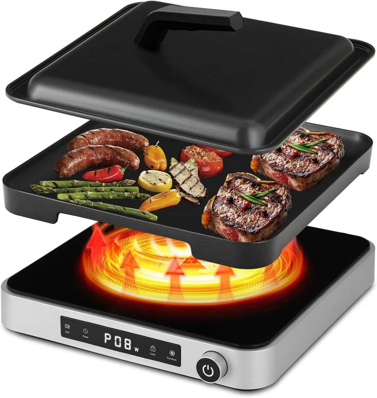 Cooktron Piano Induzione 2000W con Grill Elettrico, 10+5 Livelli, Touchscreen e Manopola