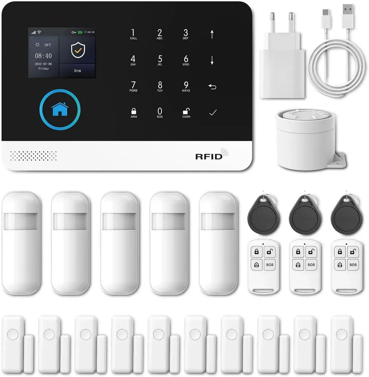 Sistema di Allarme Casa Wireless PGST 24 Pezzi, WiFi/GSM, Sirena 120dB, Telecomando, Display LCD, Avviso Vocale, Compatibile con Alexa