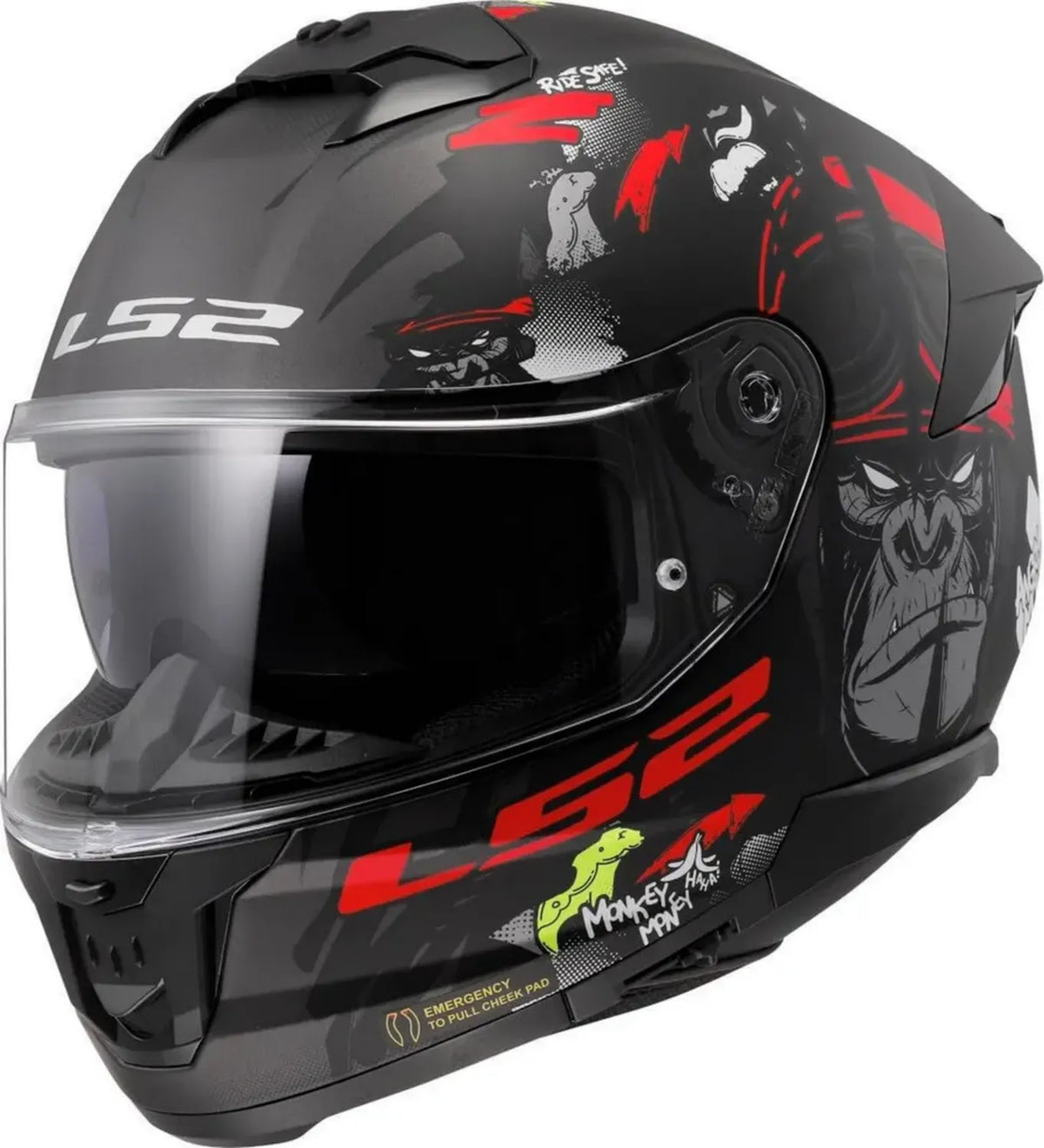 LS2 Casco Integrale Moto STREAM II Angry Monkey Nero Opaco Rosso, Taglia M