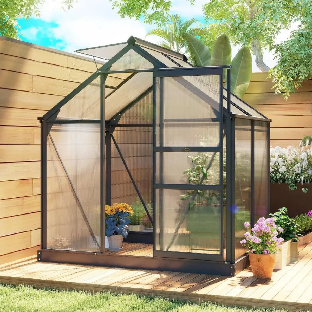 Serra da Giardino in Alluminio e Policarbonato con Porta e Finestra 190x132x201 cm Grigio