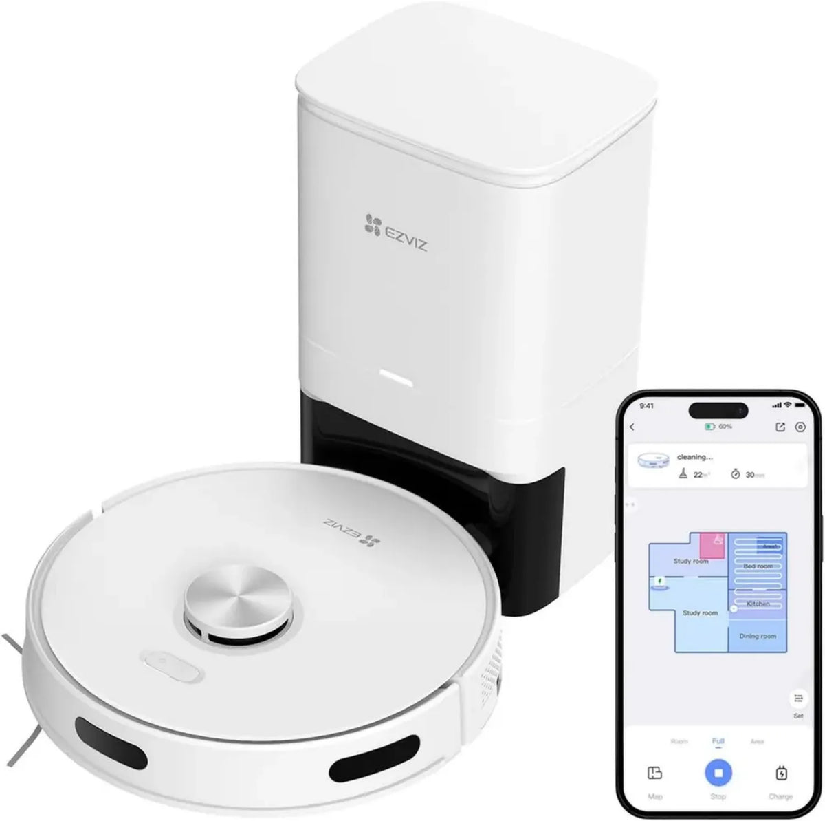 Robot Aspirapolvere Lavapavimenti EZVIZ RE5 Plus con Base Auto-Svuotante, Navigazione LiDAR, Ostacoli Rilevabili, Potente Aspirazione 4000Pa, 240 Minuti di Autonomia, Compatibile con APP e Alexa
