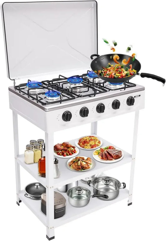 Fornello a Gas a 5 Fuochi con Gambe Rimovibili e Schermo Antivento per Camper e Cucine Esterne
